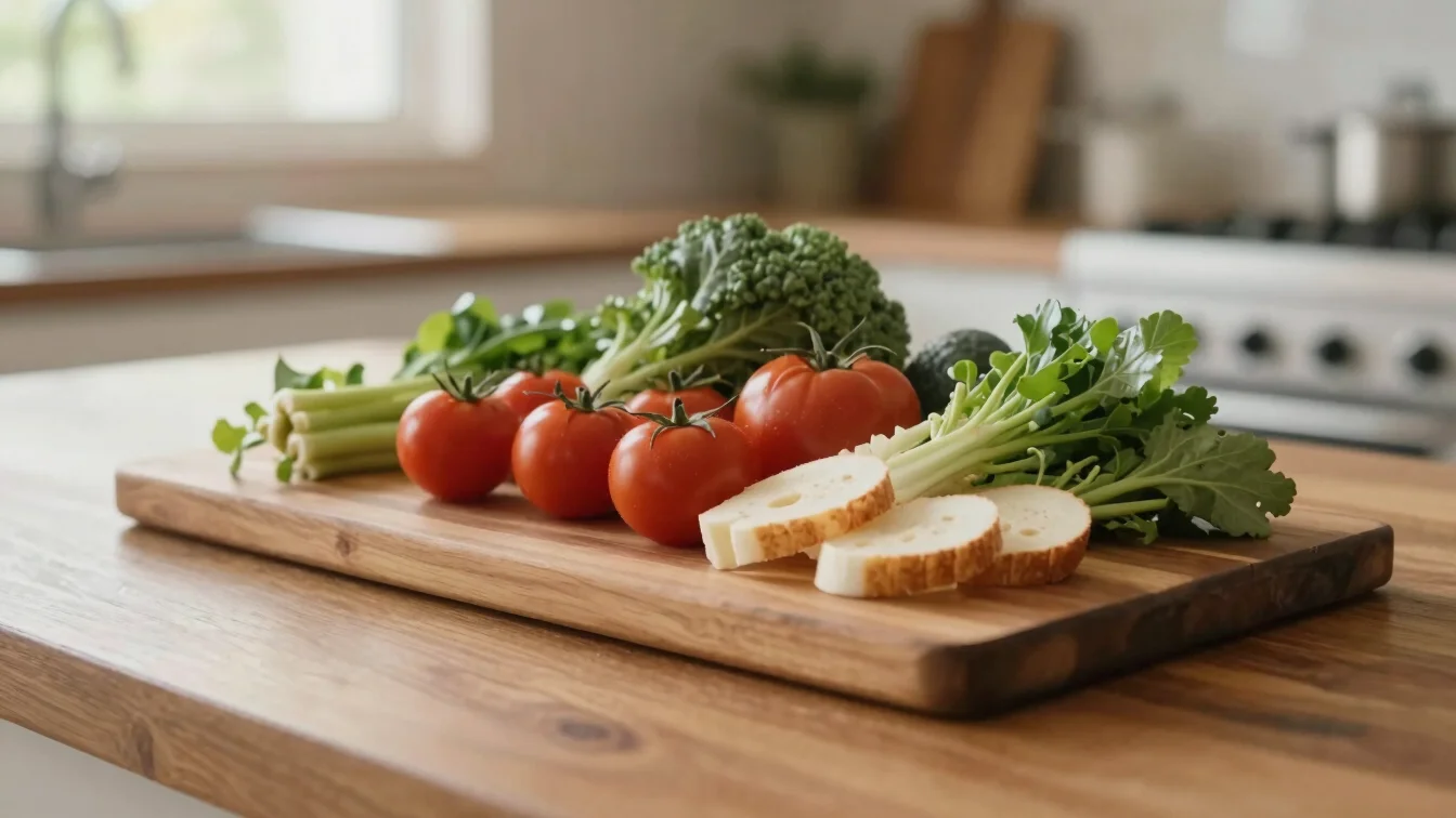 Fresh ingredients on a wooden board in a sunny Brazilian kitchen,