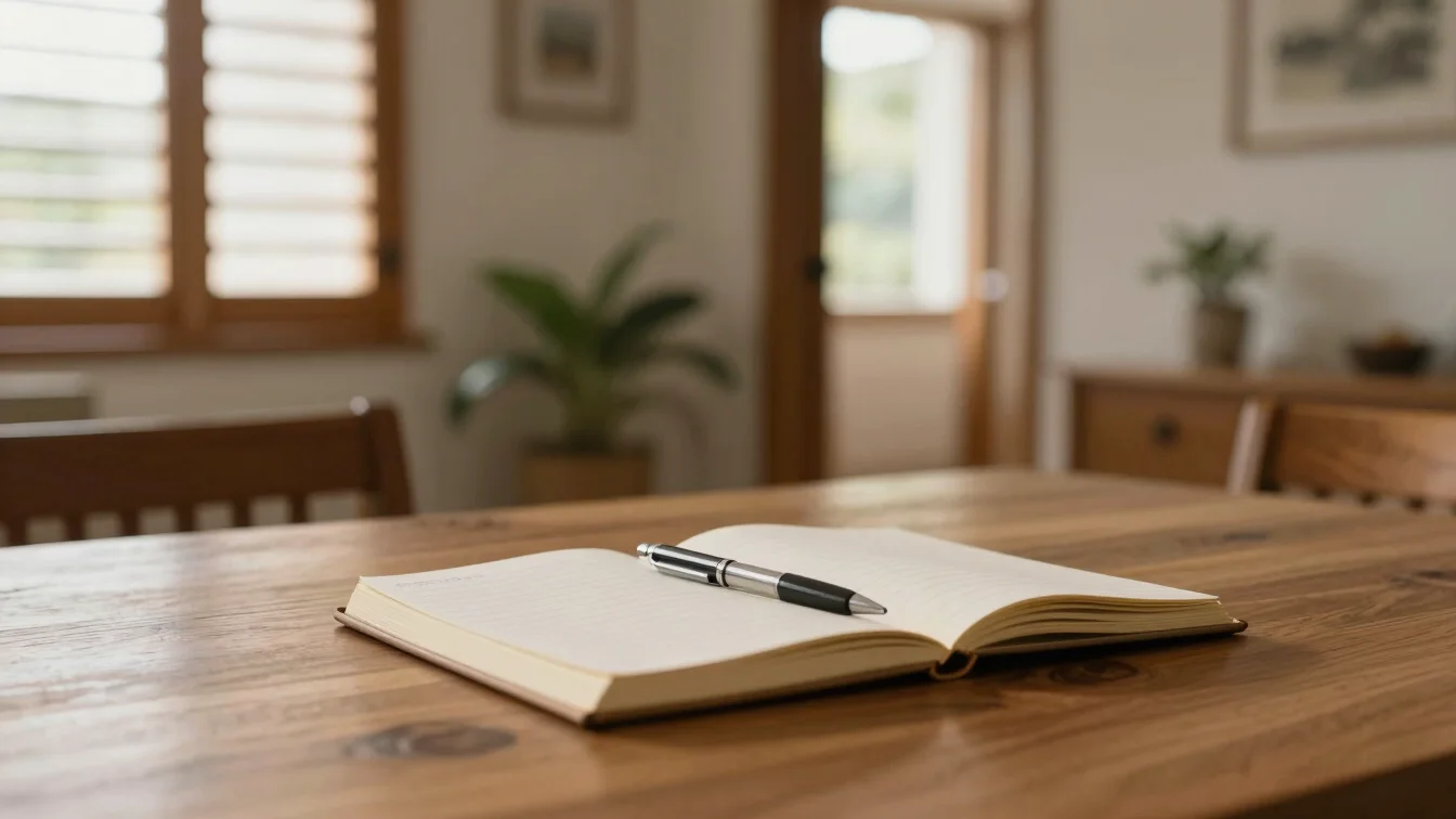 Notebook and pen on a clean wooden table with soft morning daylig