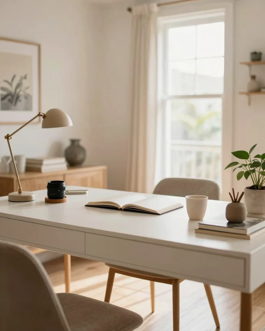 Authentic editorial lifestyle photography, a clean organized desk