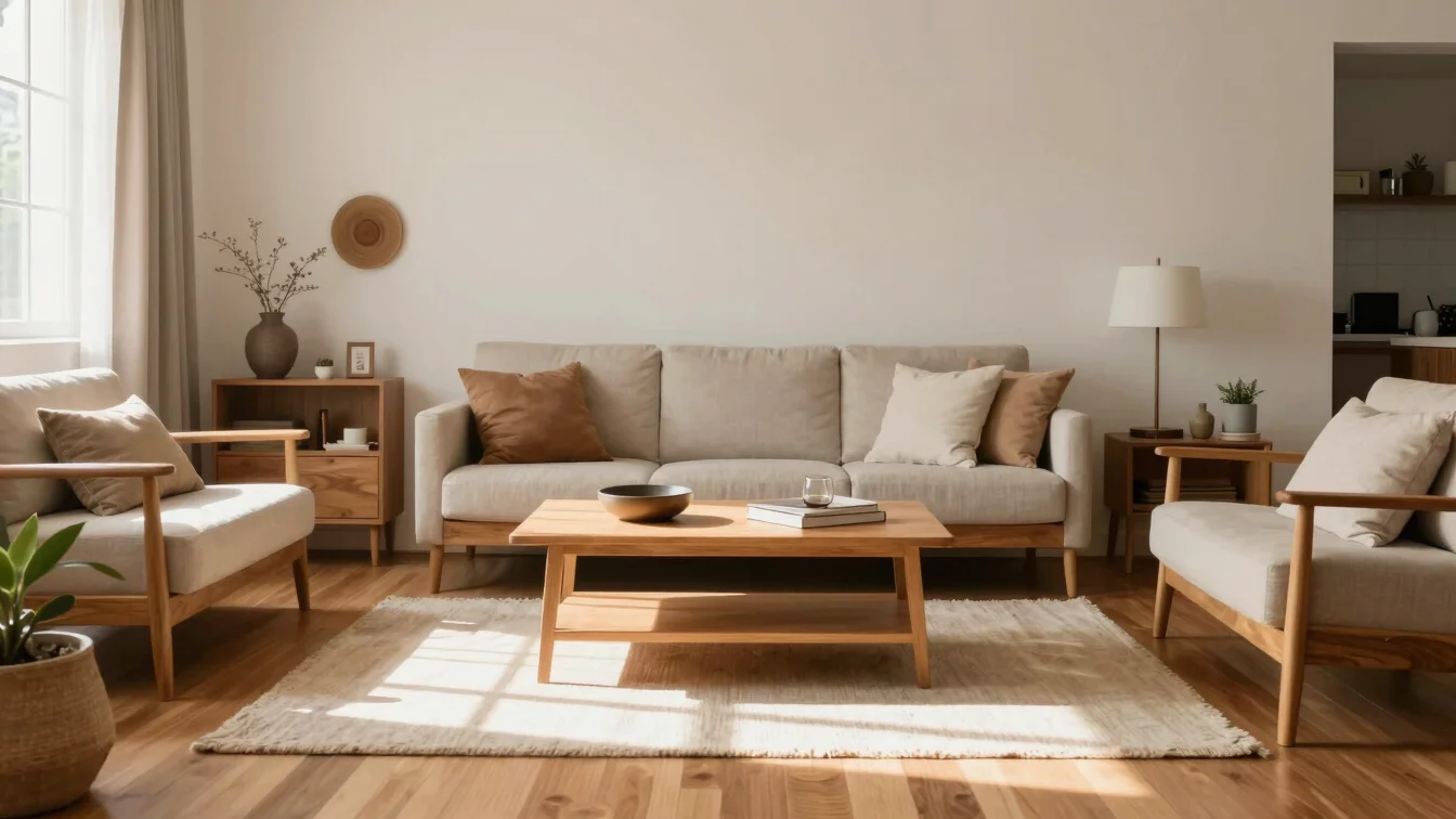 Authentic Brazilian living room, natural morning sunlight, clean