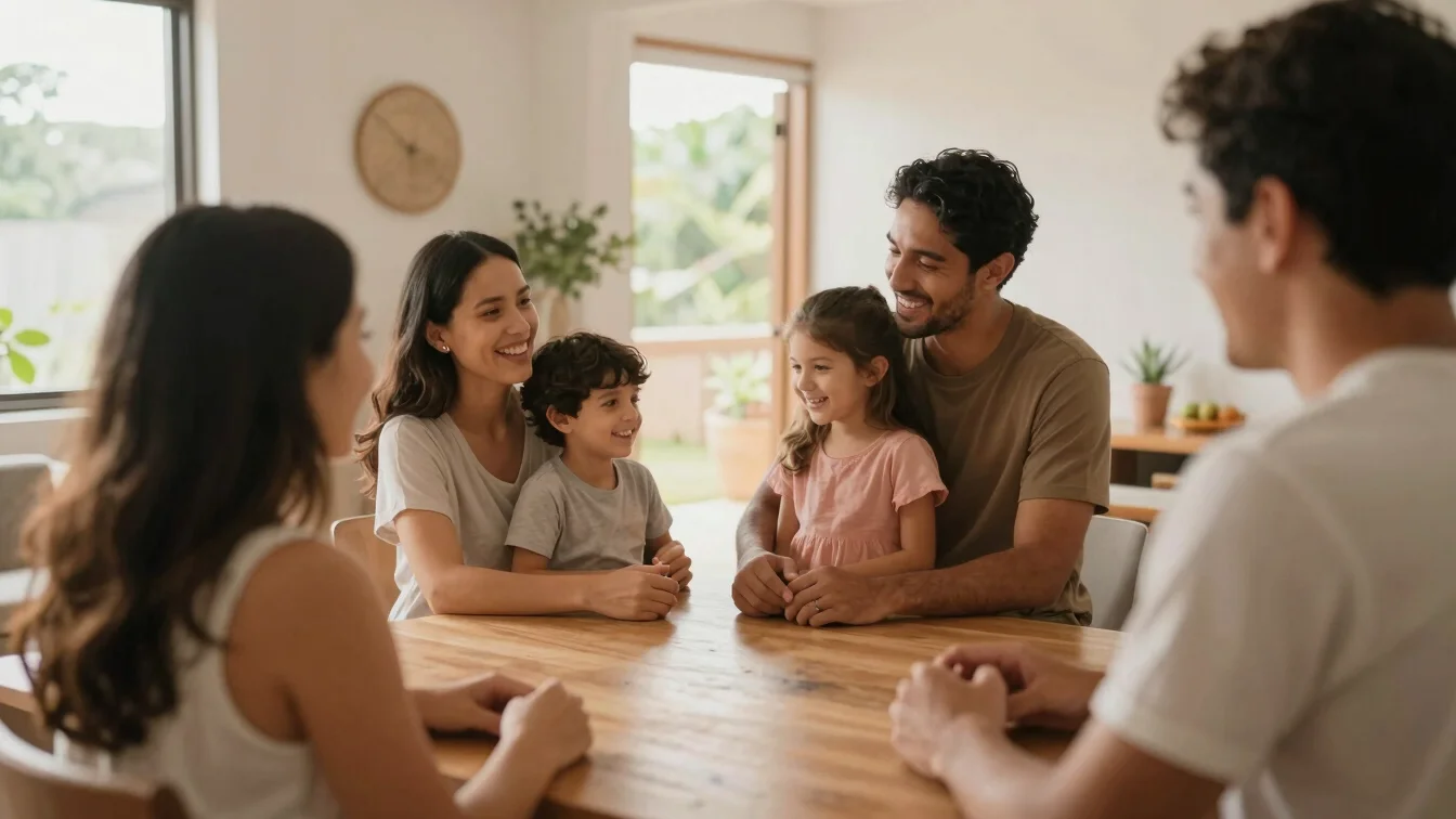 Authentic Brazilian family moment at home, gentle natural light,
