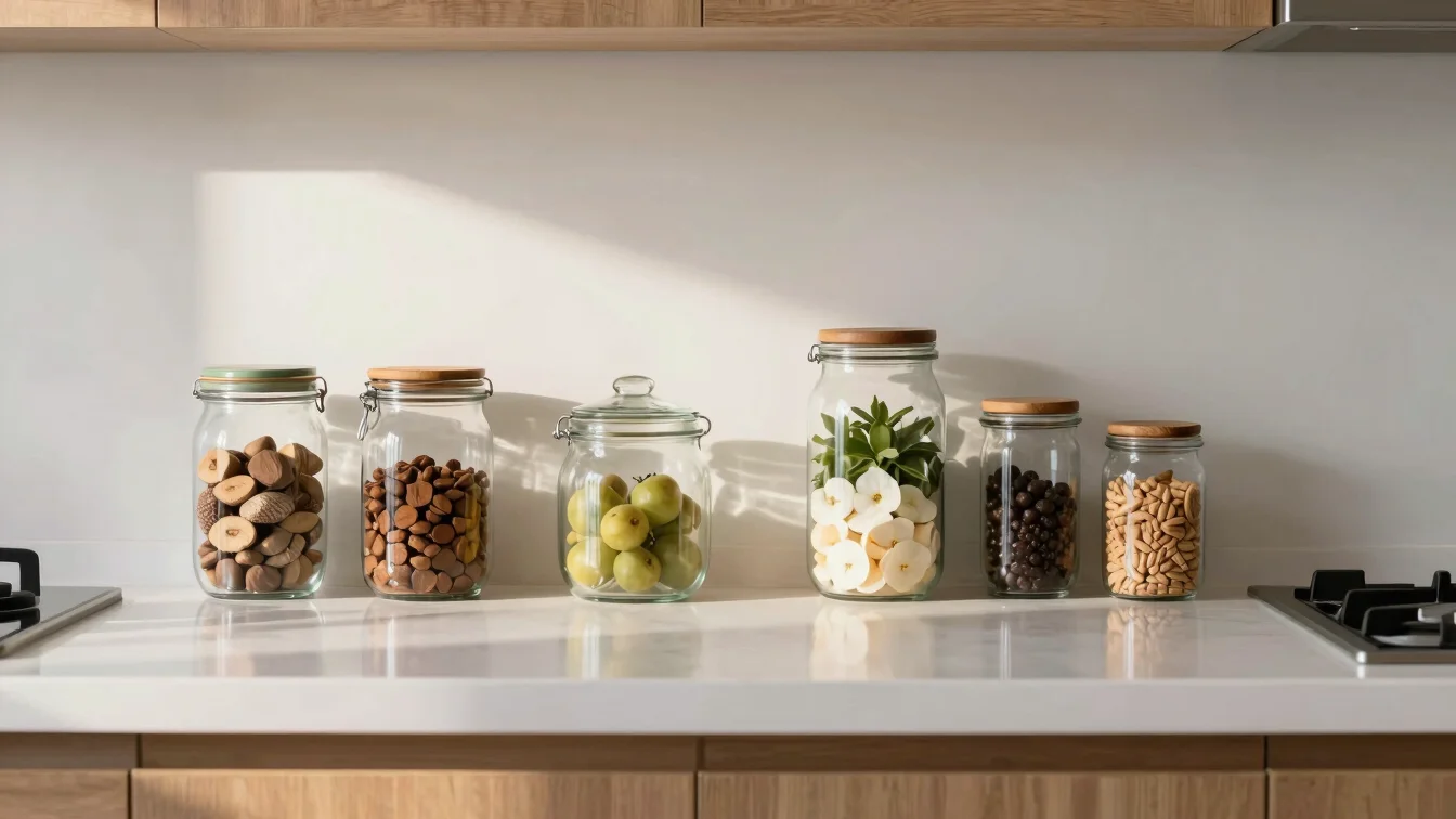 Bright Brazilian kitchen counter with glass storage jars and natu